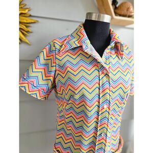 Vintage Rainbow Chevron Shirt 70s Polyester Button Up Groovy Top - S/M
